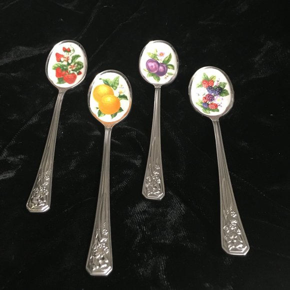 Avon Dining Vintage Stainless Steel Spoons With Enamel Centre Hand Painted Fruits Jam Spoon